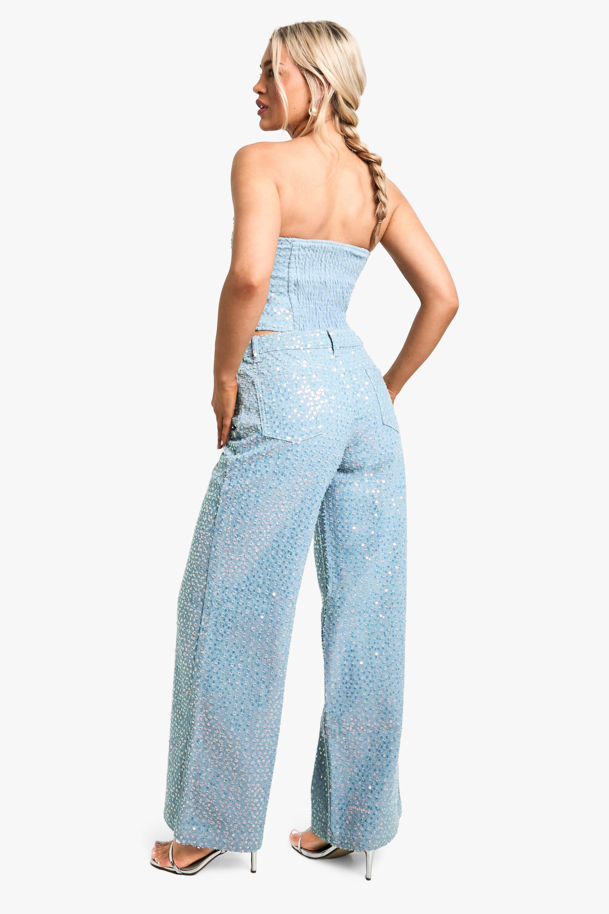 Distressed Sequin Wide Leg Jean